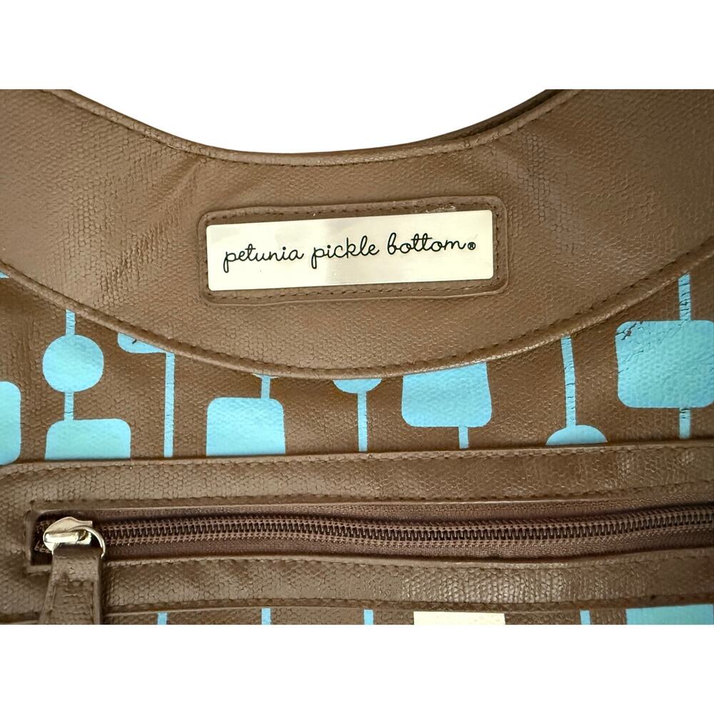 Petunia Pickle Bottom Brown Blue Faux Leather Zipper Pockets Diaper Bag w Straps - Picture 3 of 6